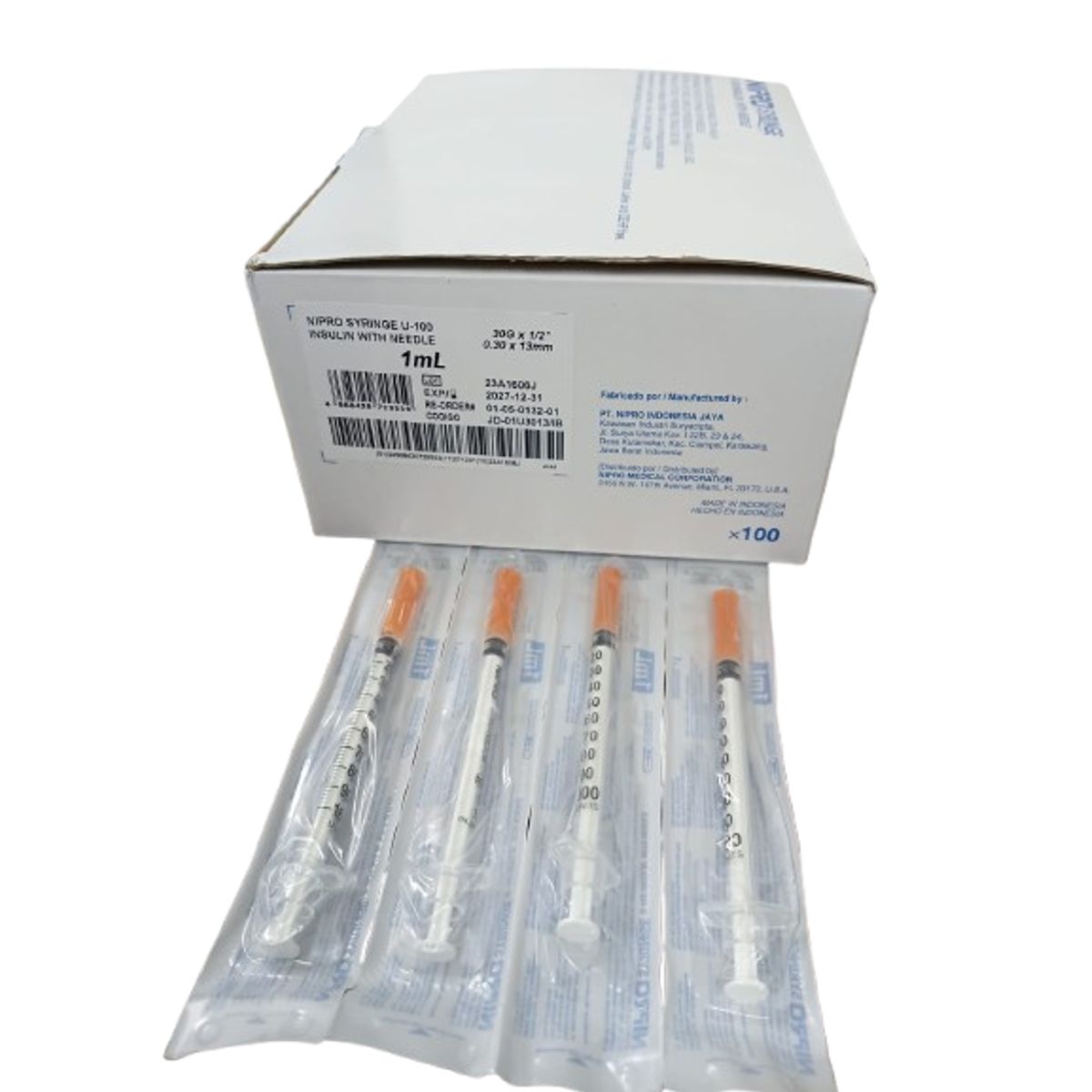 NIPRO - Jeringa insulina 1mL con aguja 30 G x 12 Nipro caja 100 unidades