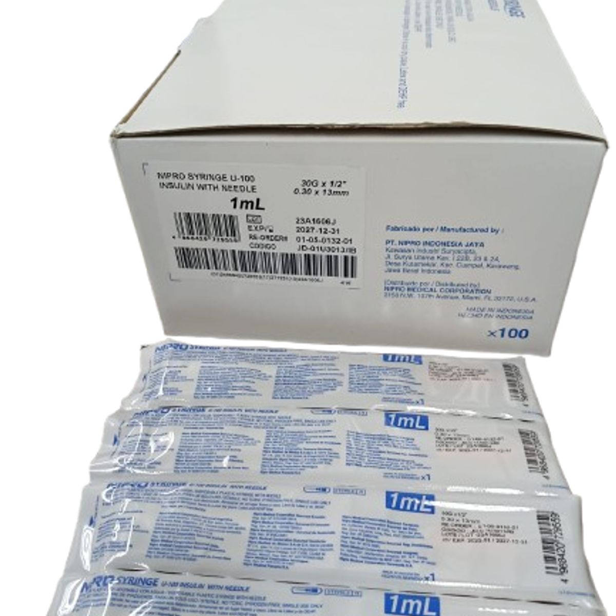 NIPRO - Jeringa insulina 1mL con aguja 30 G x 12 Nipro caja 100 unidades