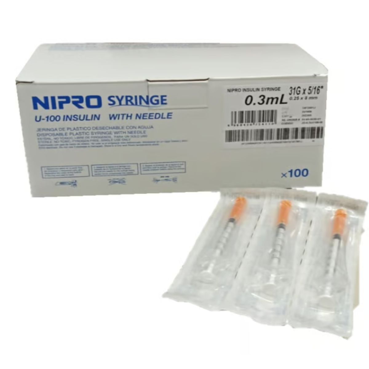 NIPRO - Jeringa insulina 0,3mL con aguja 31 G x 516 Nipro caja 100 unidades