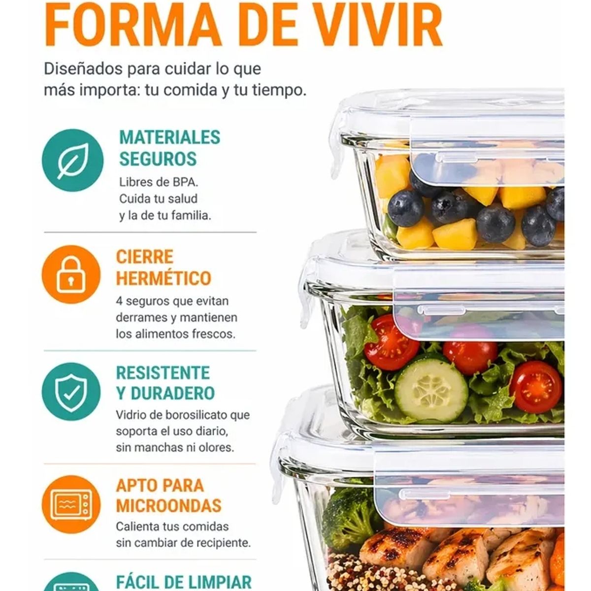GENERICO - Organiza Tu Cocina Set 3 Recipientes Vidrio Comida Fresca Herméticos