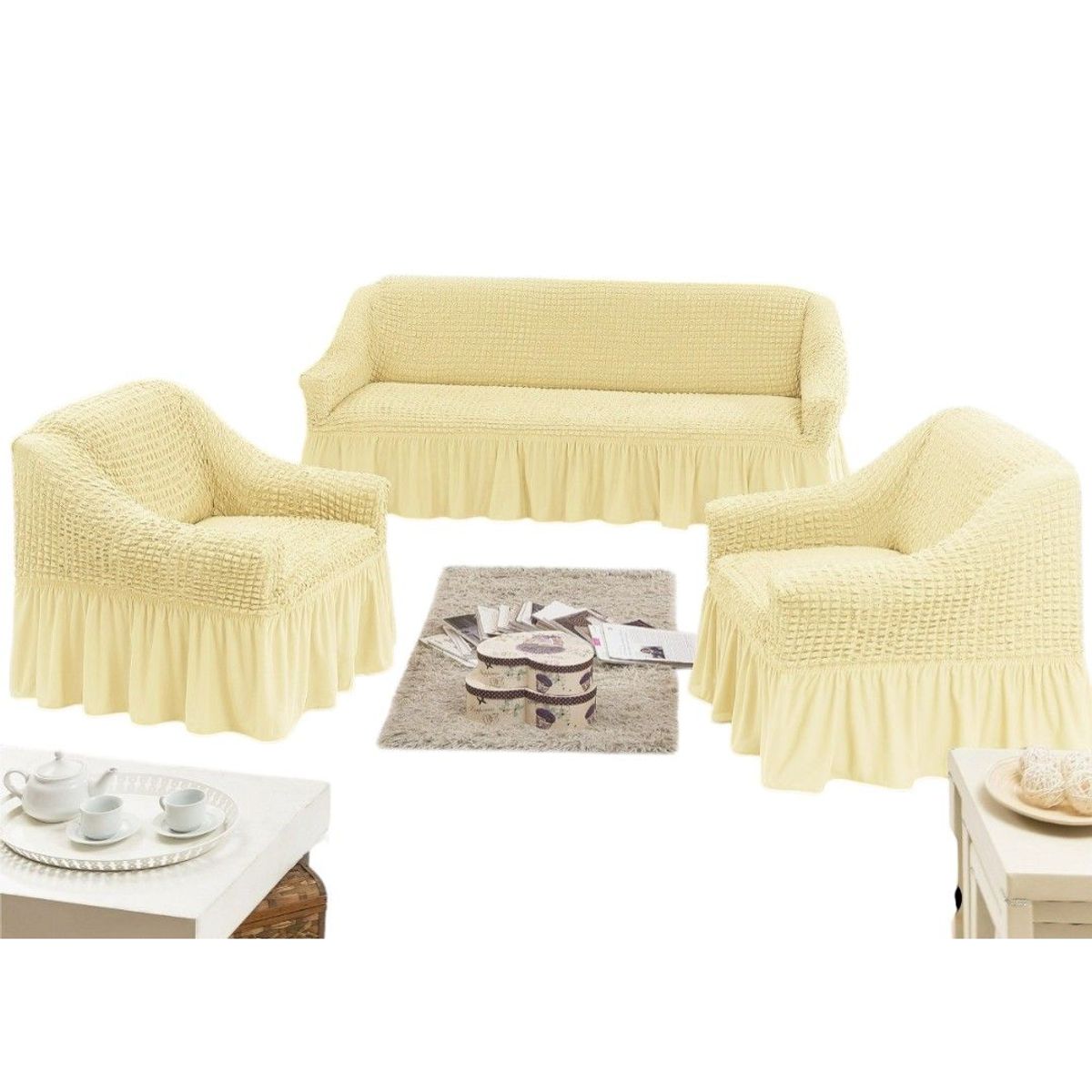 GENERICO - Fundas Para Cubre sillones Turco Juego Completo 3+1+1 Crema