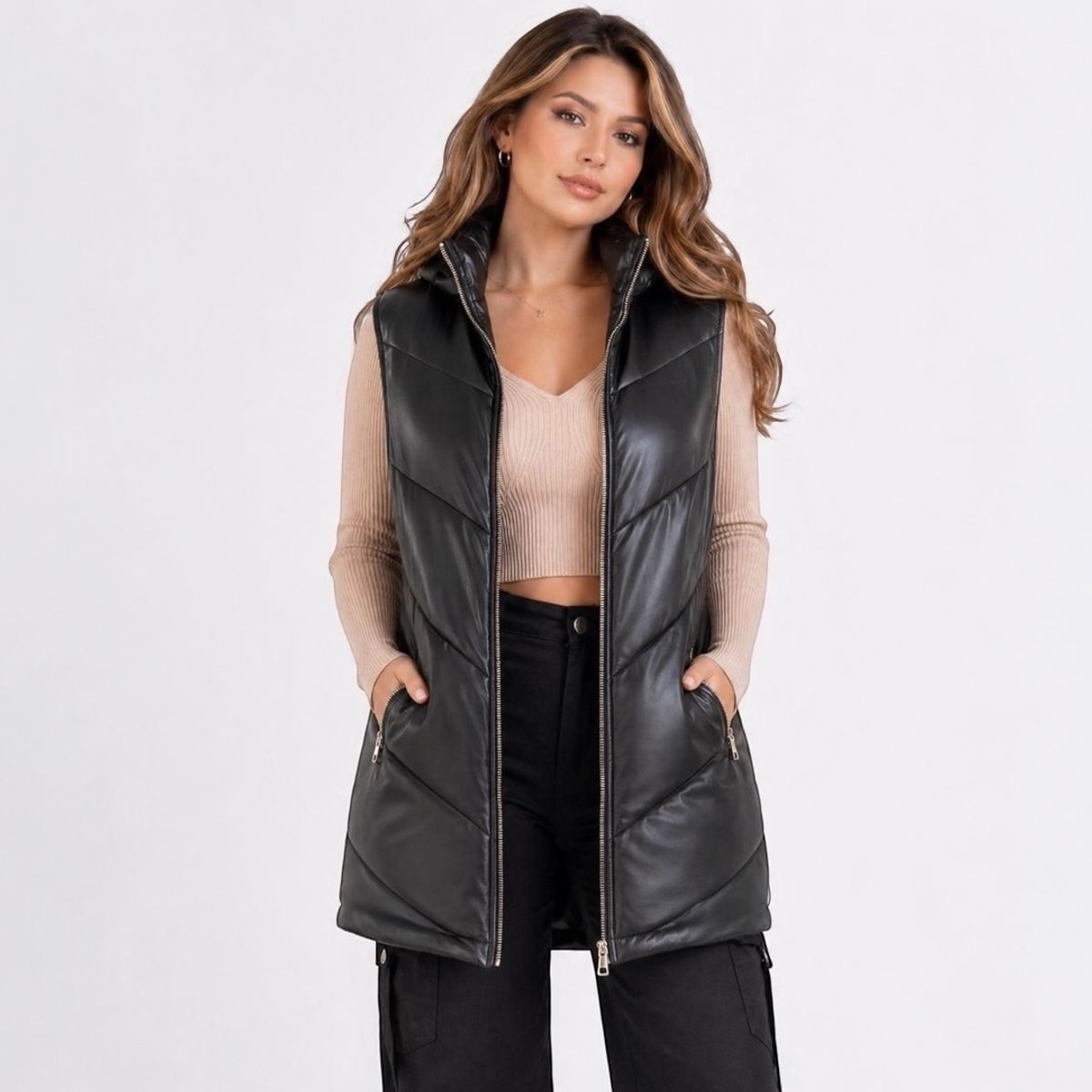 DOBLE V - Chaqueta Sin Mangas Puffer Larga Ecocuero Premium