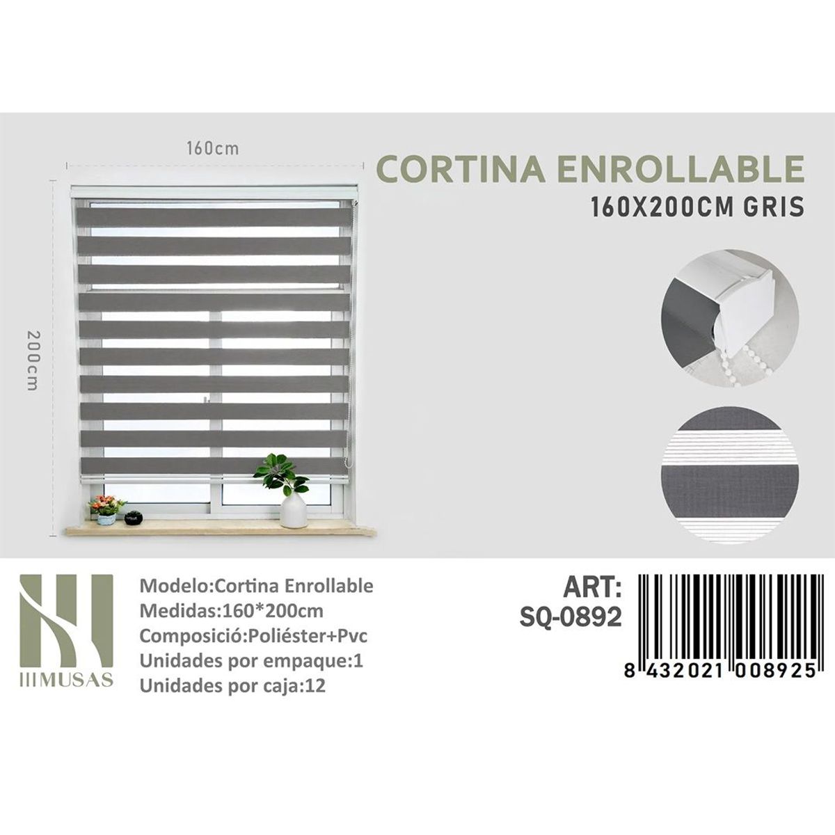 GENERICO - Cortina Roller Duo Lisa 160 x200  Cm color gris