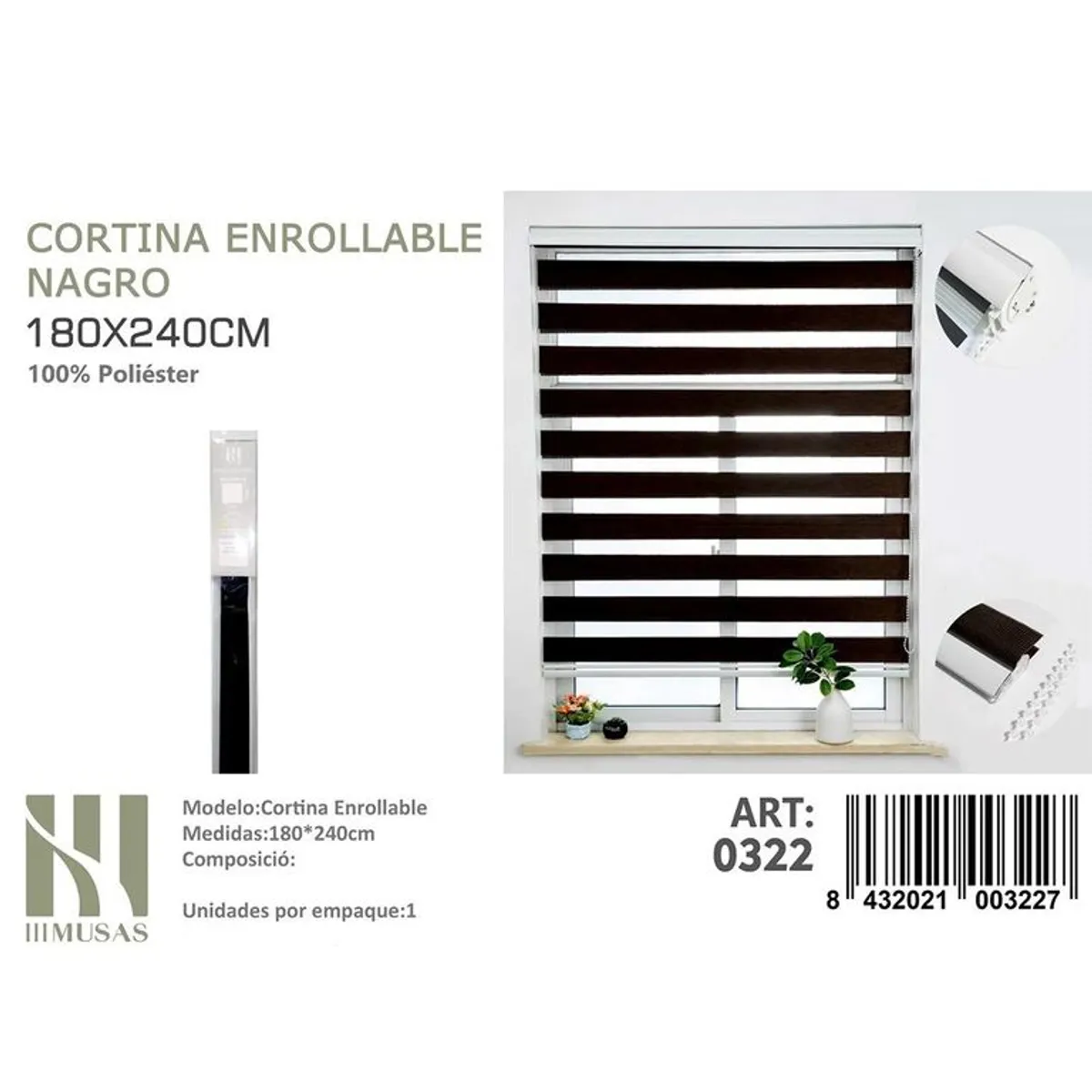 GENERICO - Cortina Roller Duo Lisa  180 x 240 color negro