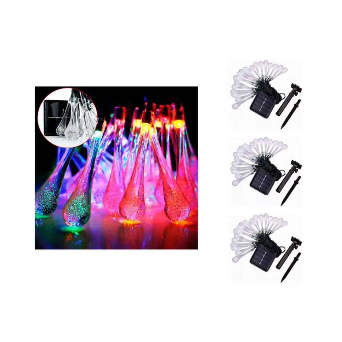 GENERICO - Pack X3 Guirnalda Gota De Agua Led Colores Carga Solar