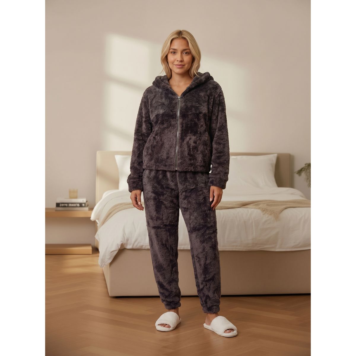 LIKE SHOP - Pijama Mujer 2 Piezas Corderito Pantalón Polerón Con Cierre R209