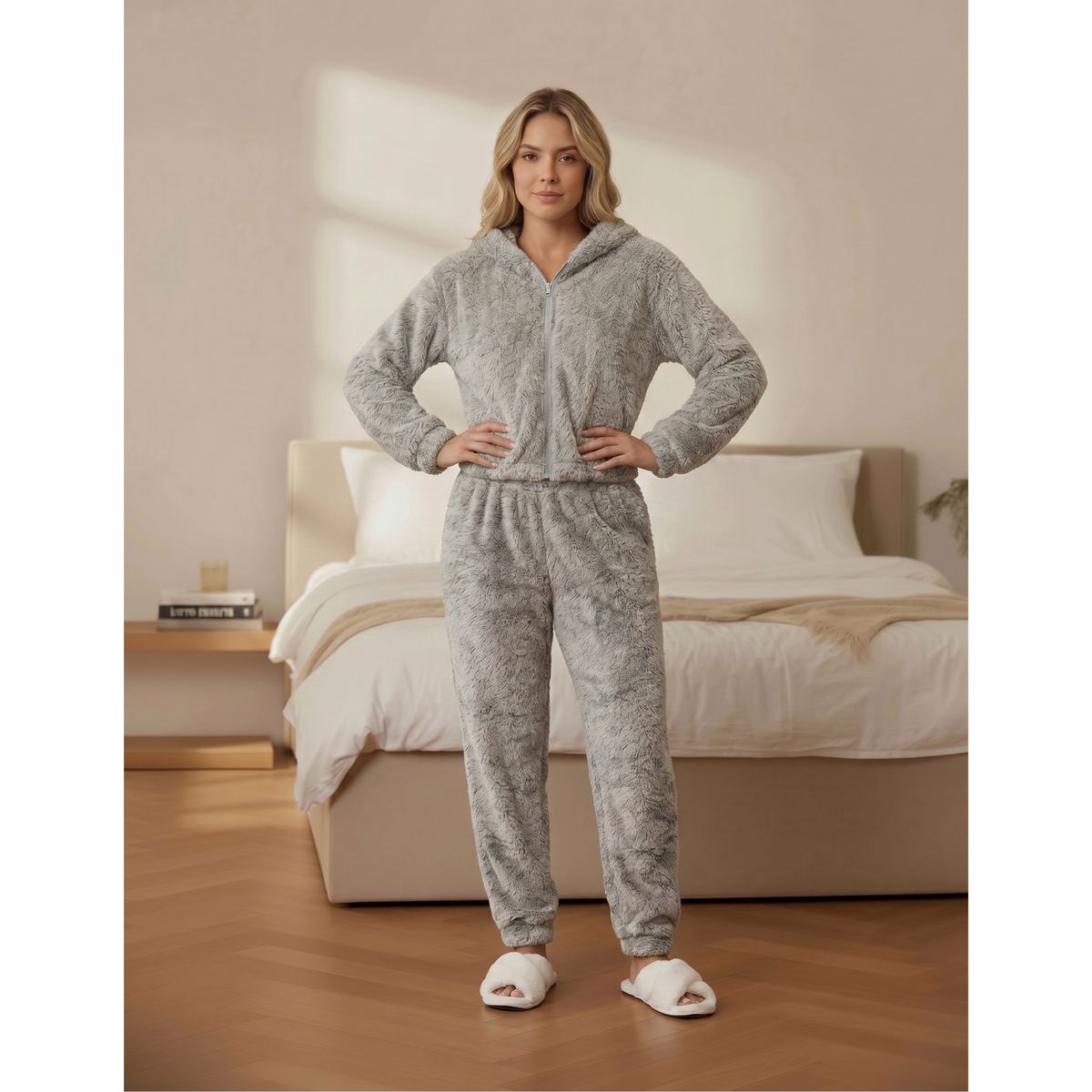 LIKE SHOP - Pijama Mujer 2 Piezas Corderito Pantalón Polerón Con Cierre R209