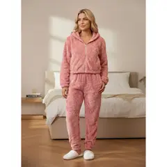 LIKE SHOP - Pijama Mujer 2 Piezas Corderito Pantalón Polerón Con Cierre R209