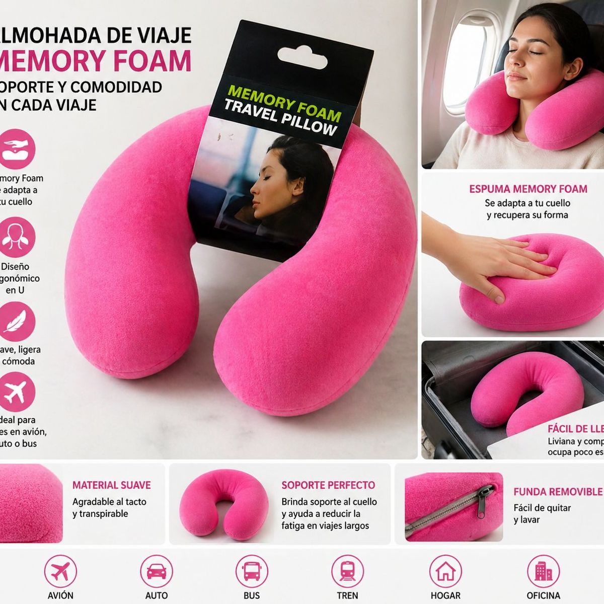 GENERICO - ALMOHADA DE VIAJE ERGONOMICA COJIN DE CUELLO COMODA - rojo
