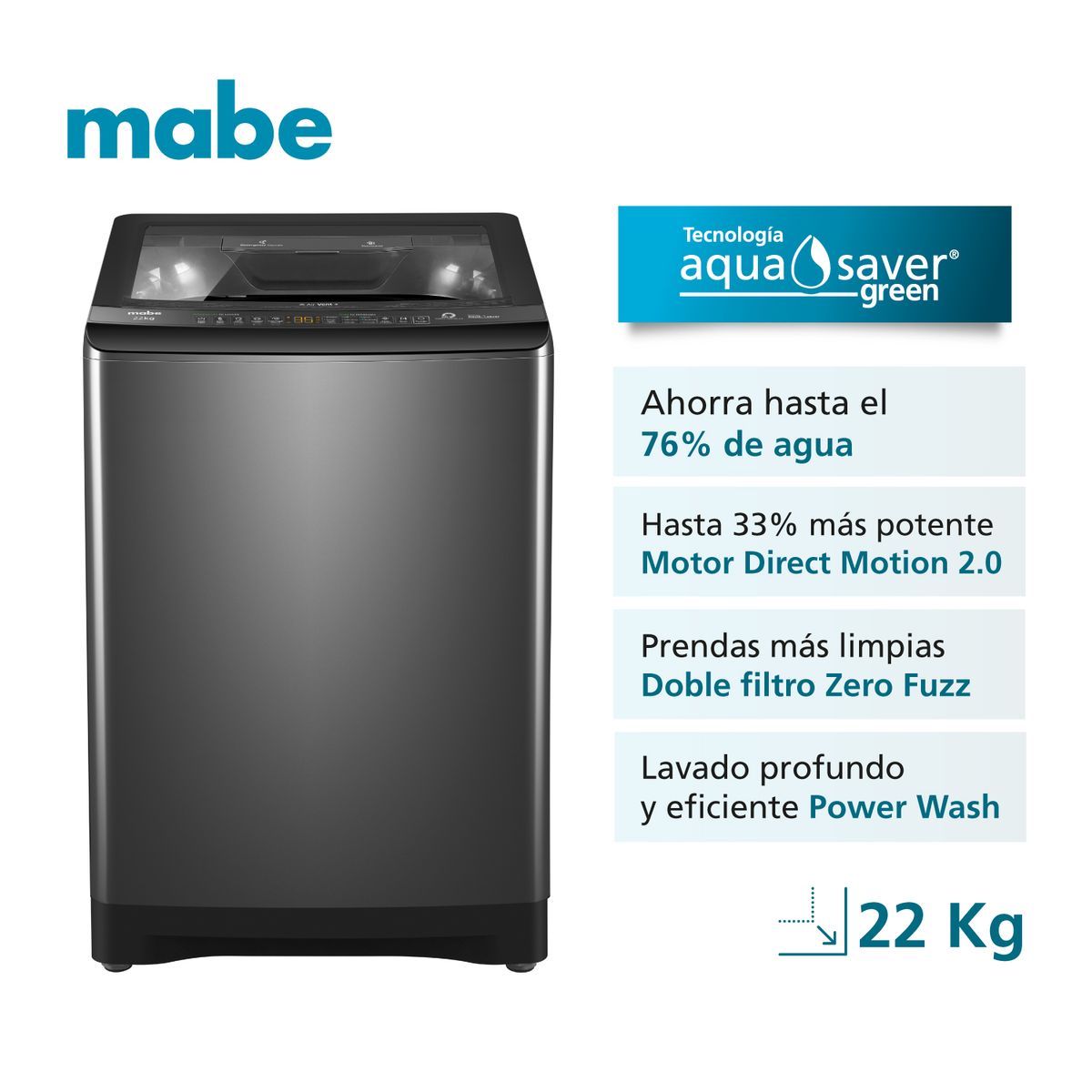 MABE - Lavadora Automática 22 Kg Diamond Gray Mabe LMA2220WDGCL0