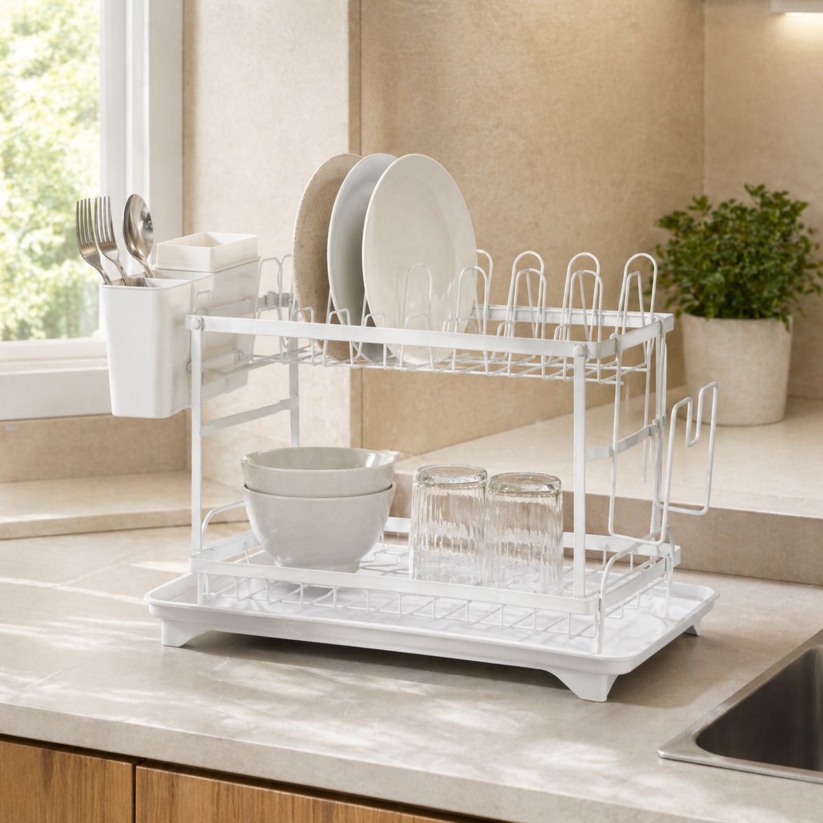 SPACE HOME - Escurridor De Platos Blanco 2 Niveles Con Desagüe