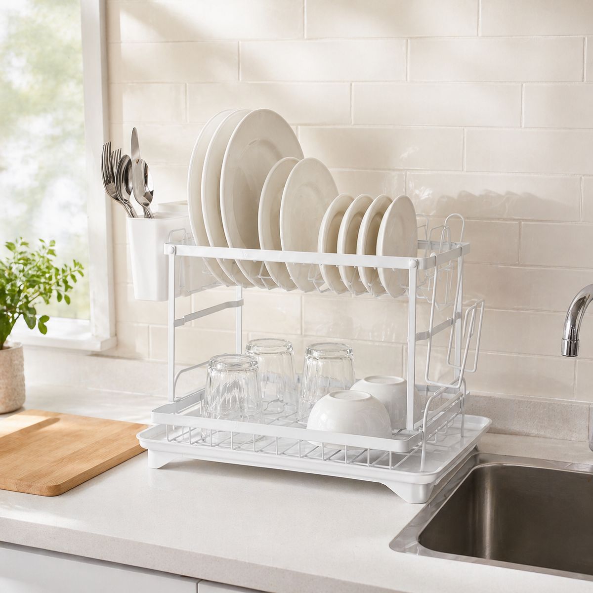 SPACE HOME - Escurridor De Platos Blanco 2 Niveles Con Desagüe