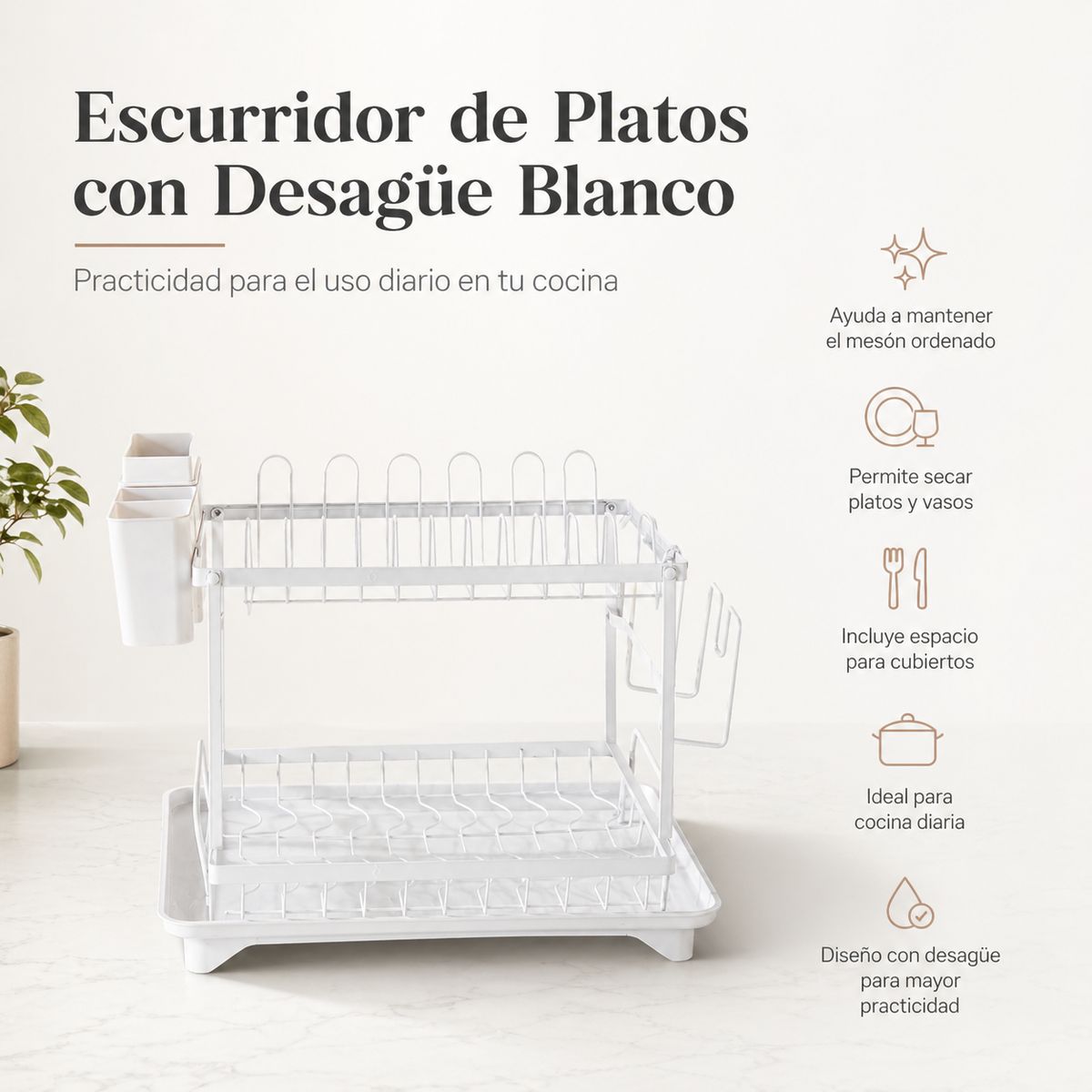 SPACE HOME - Organizador De Platos Blanco Con Desagüe Para Cocina