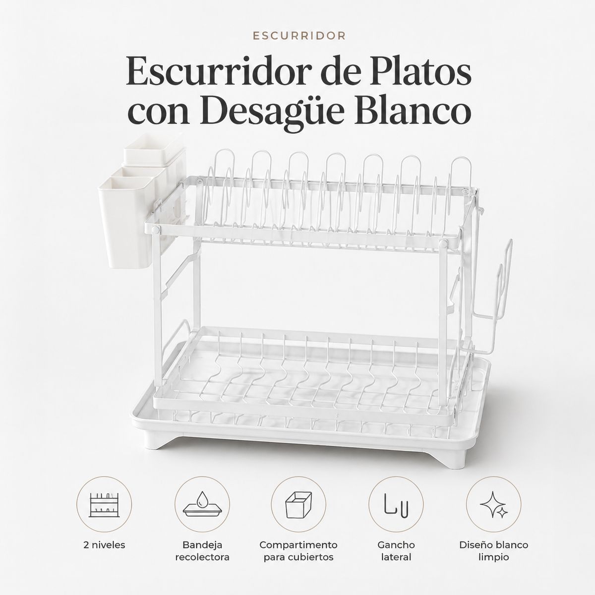 SPACE HOME - Organizador De Platos Blanco Con Desagüe Para Cocina