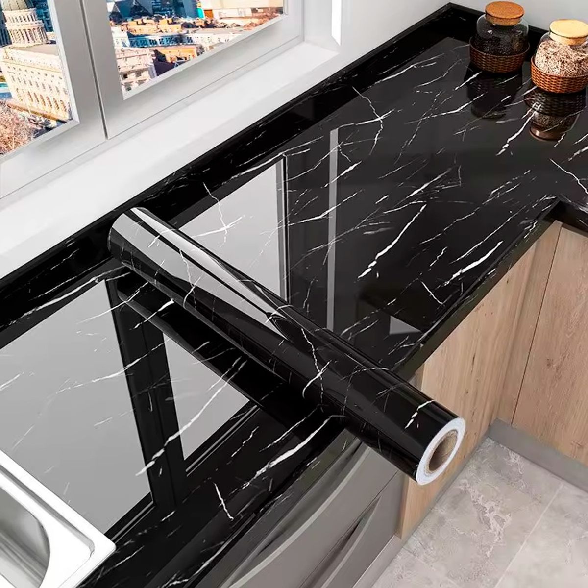 GENERICO - Papel Tapiz Adhesivo Mármol Impermeable Para Encimera Cajon 10m Negro
