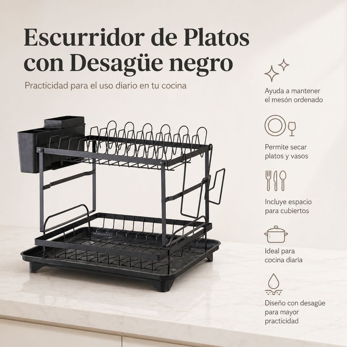 SPACE HOME - Secaplatos Negro 2 Niveles Para Ahorrar Espacio