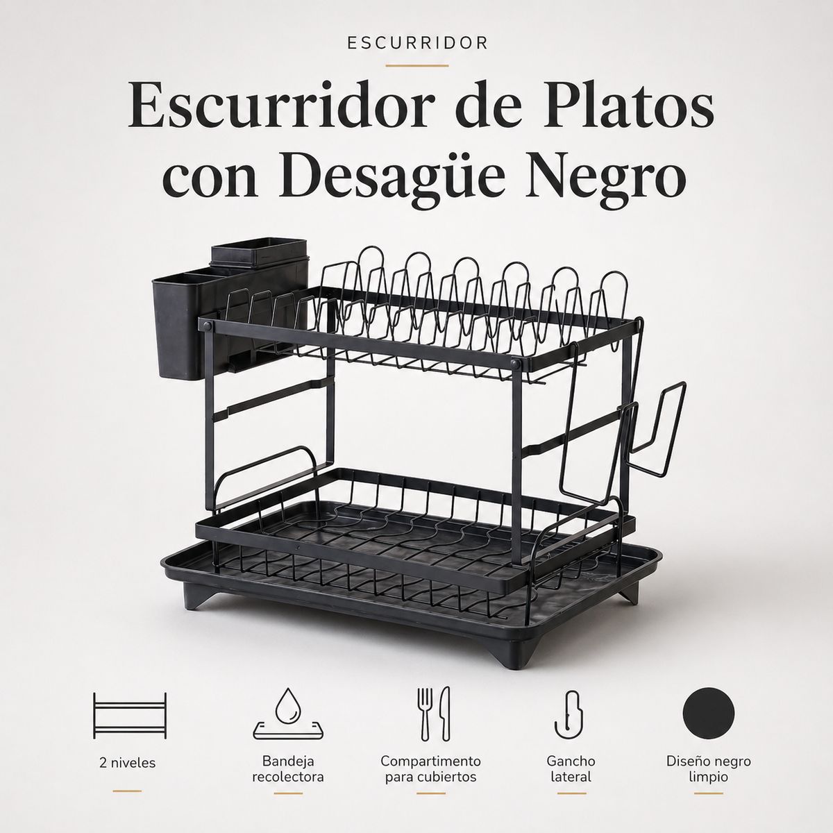 SPACE HOME - Secaplatos Negro 2 Niveles Para Ahorrar Espacio