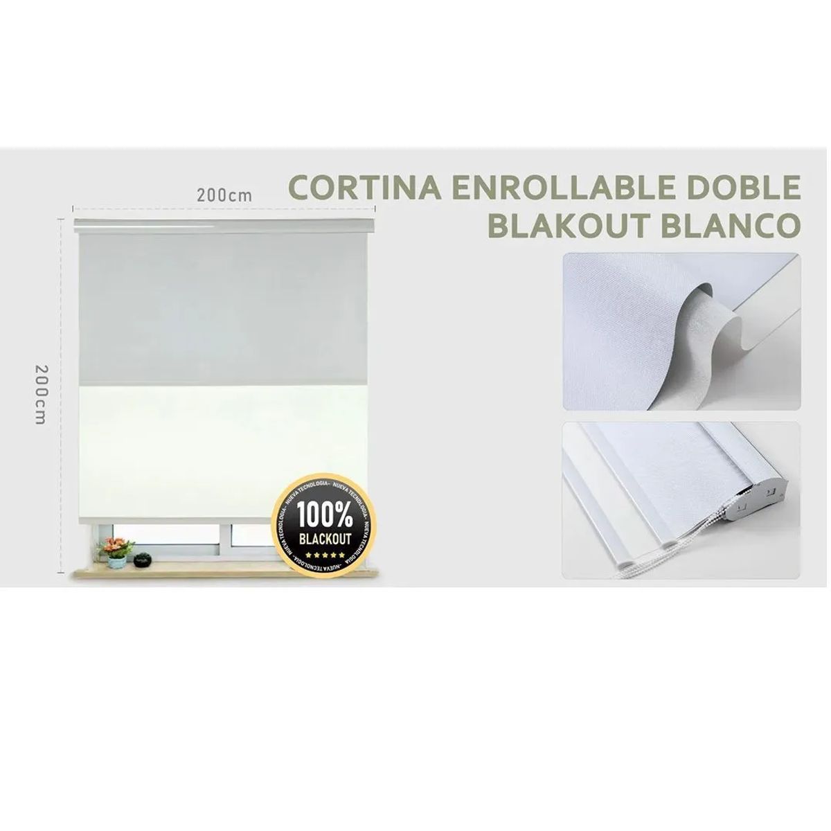 GENERICO - Cortina Enrollable Doble Blackout   jaspeada 200x200 cm color blanco