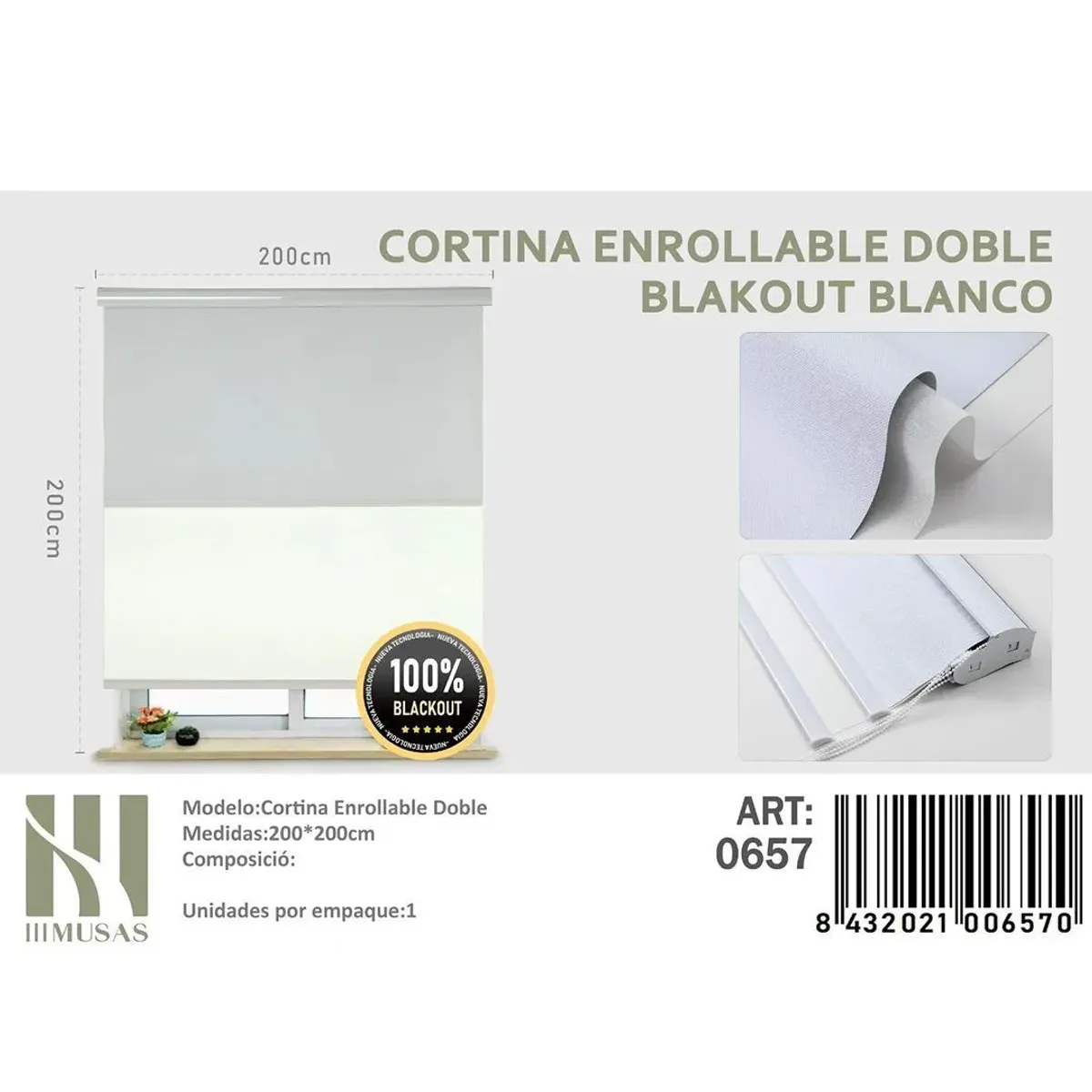 GENERICO - Cortina Enrollable Doble Blackout   jaspeada 200x200 cm color blanco