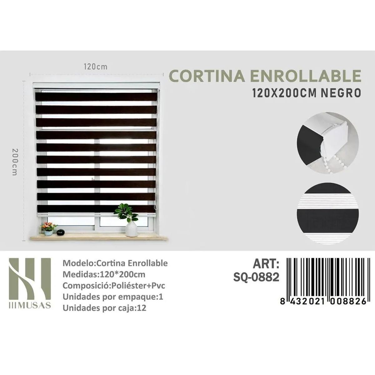 GENERICO - Cortina Roller Duo lisa 120 x 200 Color Negro