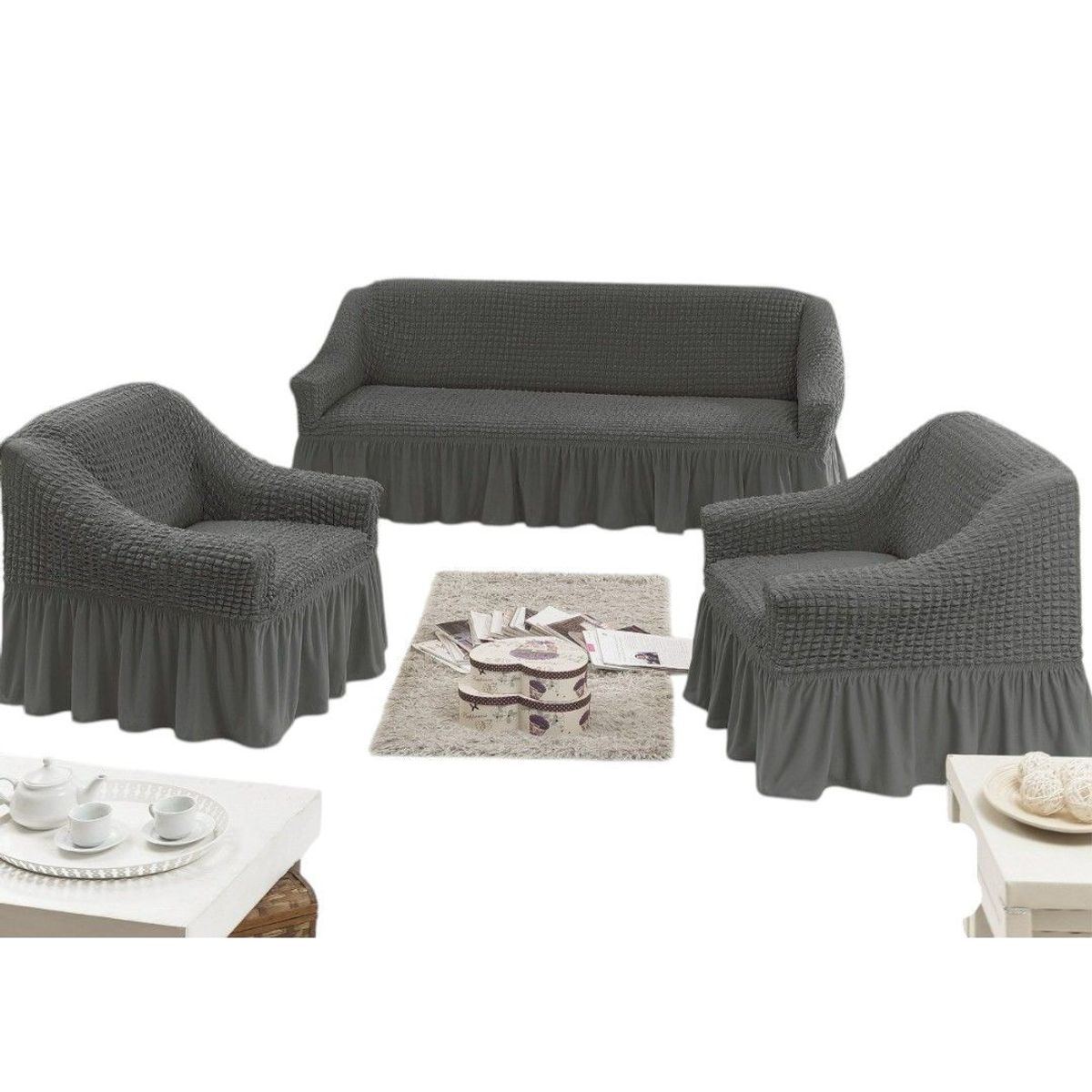 GENERICO - Fundas Para Cubre sillones Turco Juego Completo 3+1+1 Gris