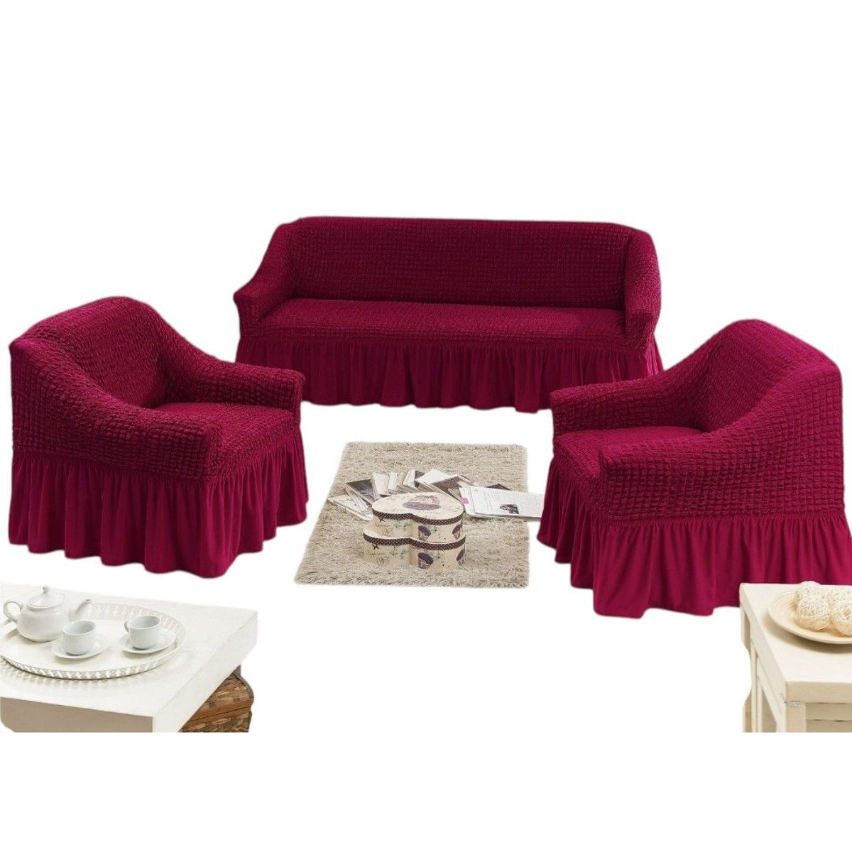 GENERICO - Fundas Para Cubre sillones Turco Juego Completo 3+1+1 Burdeo
