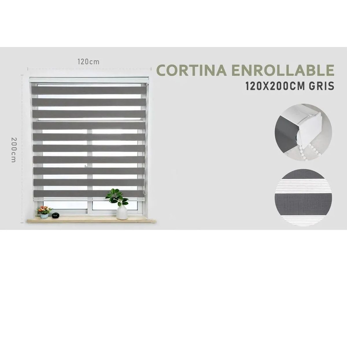 GENERICO - Cortina Roller Duo lisa 120 x 200 Color Gris