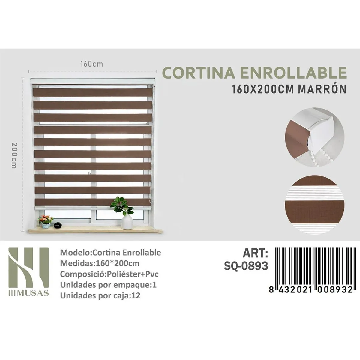 GENERICO - Cortina Roller Duo Lisa 160 x200  Cm color  cafe