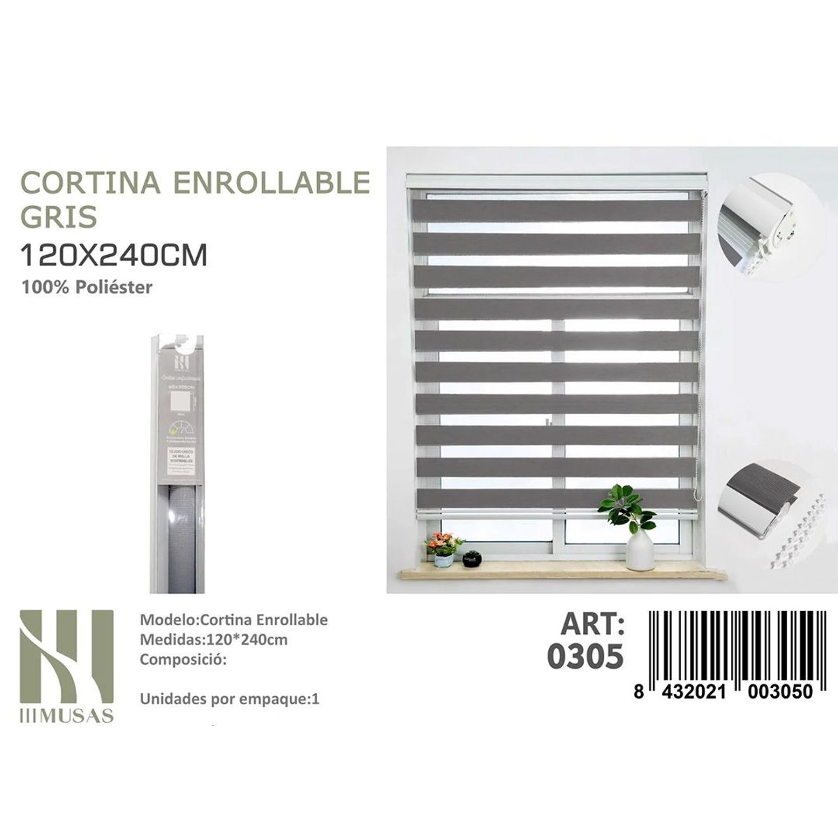 GENERICO - Cortina Roller Duo Lisa  120 x 240  Cm color Gris