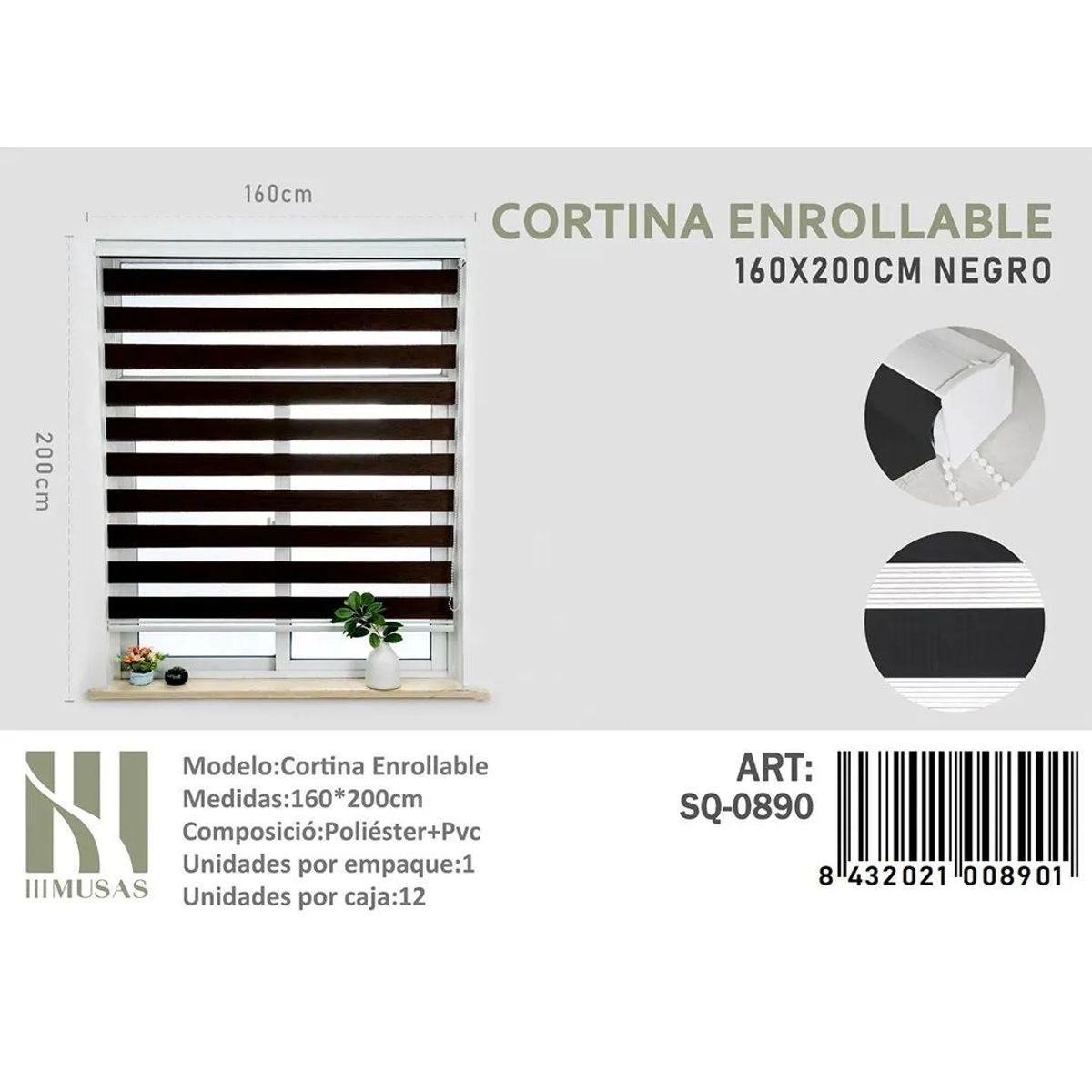 GENERICO - Cortina Roller Duo Lisa 160 x200  Cm color  Negro