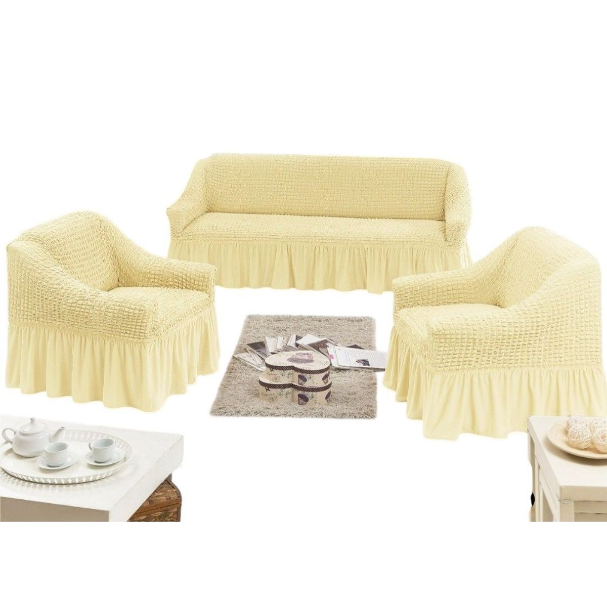 GENERICO - Fundas Para Cubre sillones Turco Juego Completo 3+1+1 Crema