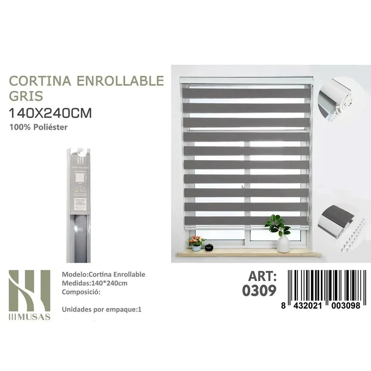 GENERICO - Cortina Roller Duo Lisa 140x240  Cm color Gris
