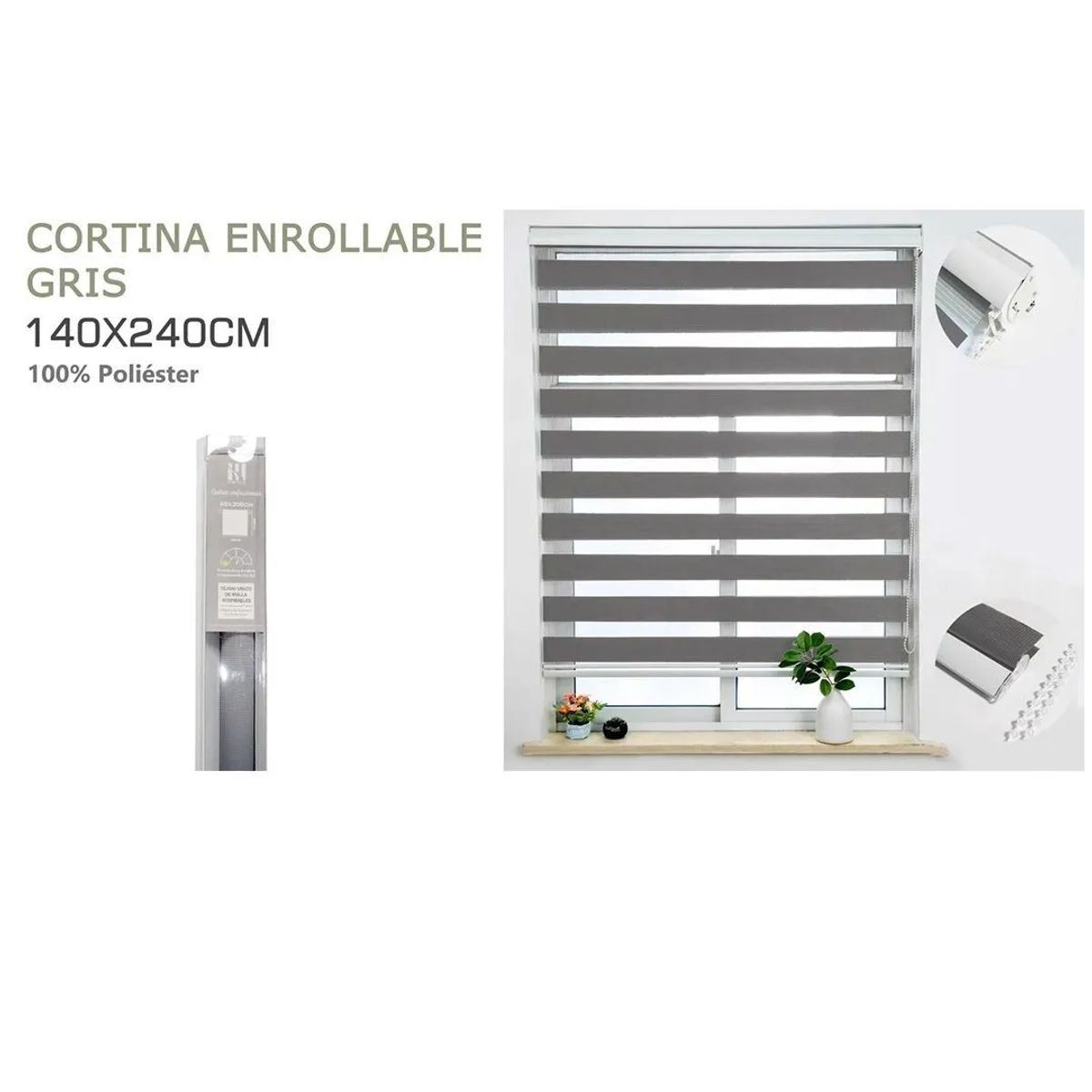 GENERICO - Cortina Roller Duo Lisa 140x240  Cm color Gris