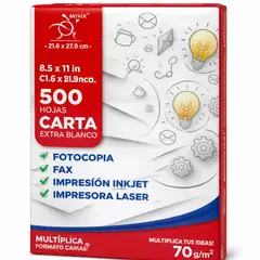 GENERICO - Resma Papel Carta 500 Hojas Blanco 70g Impresora 1 Unidad