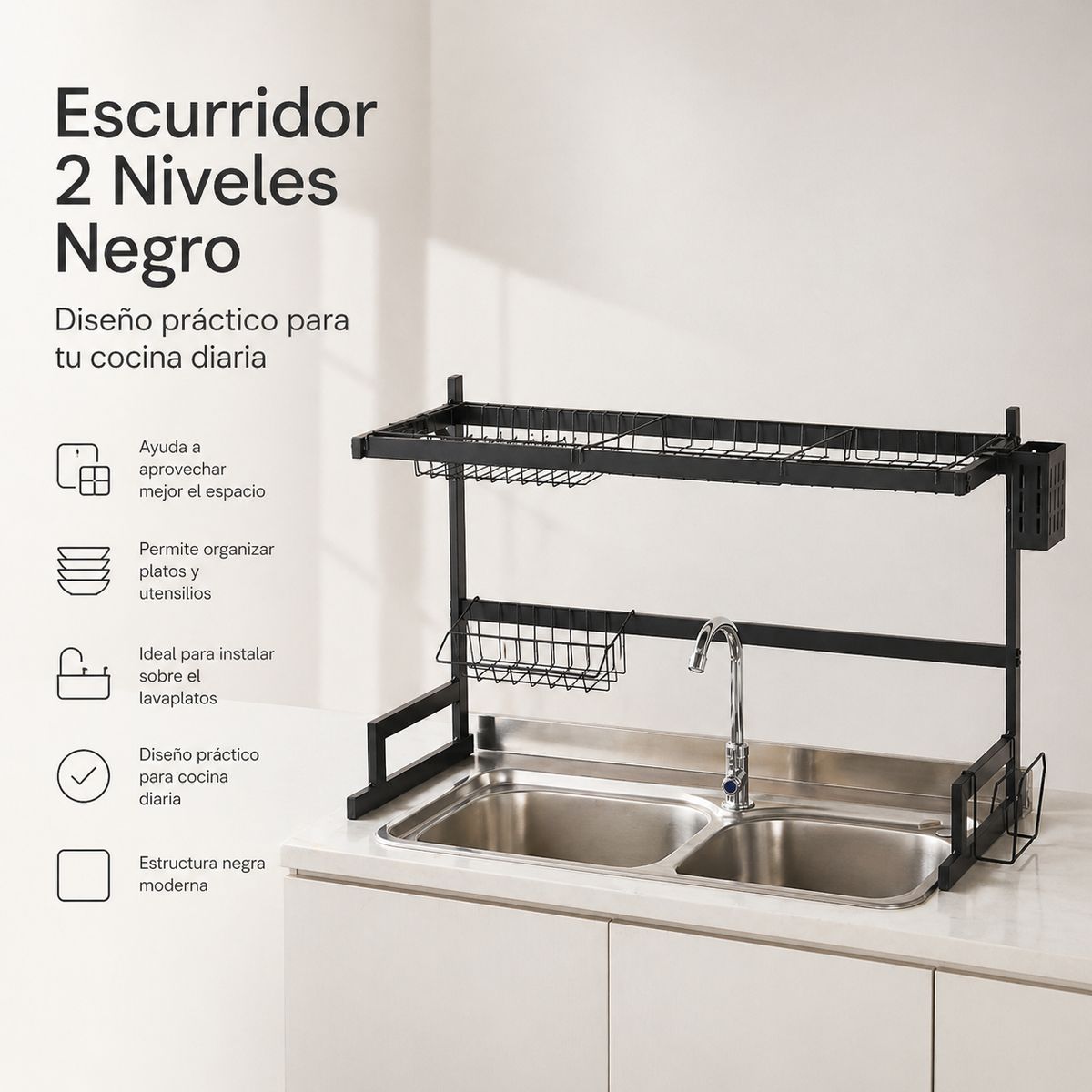SPACE HOME - Escurridor De Platos Negro 2 Niveles Sobre Lavaplatos