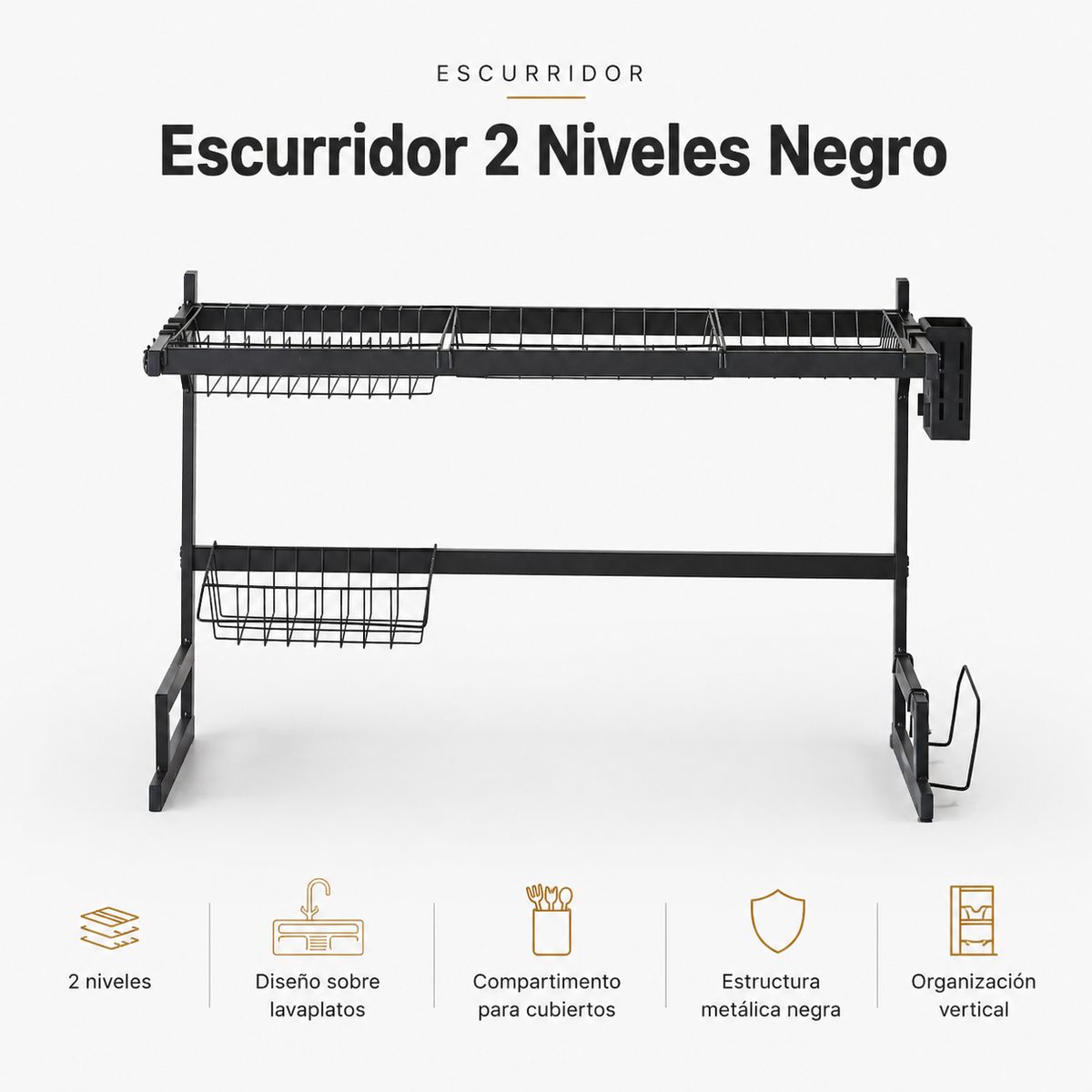SPACE HOME - Escurridor De Platos Negro 2 Niveles Sobre Lavaplatos