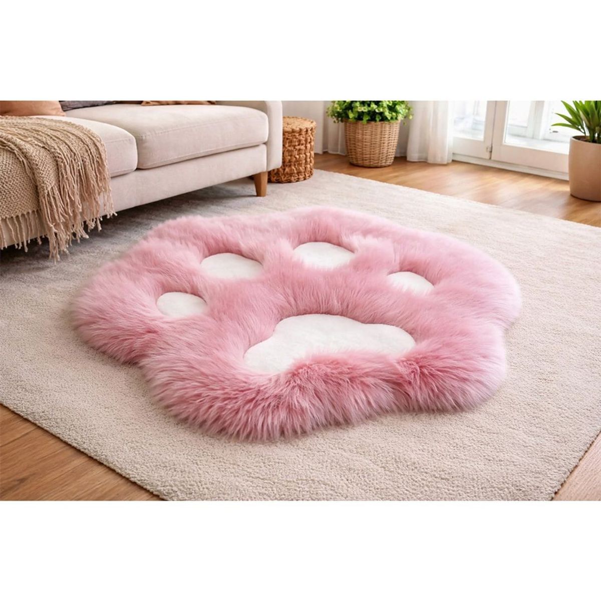 GENERICO - Alfombra De Patita Felpa Color Rosa Con Blanco