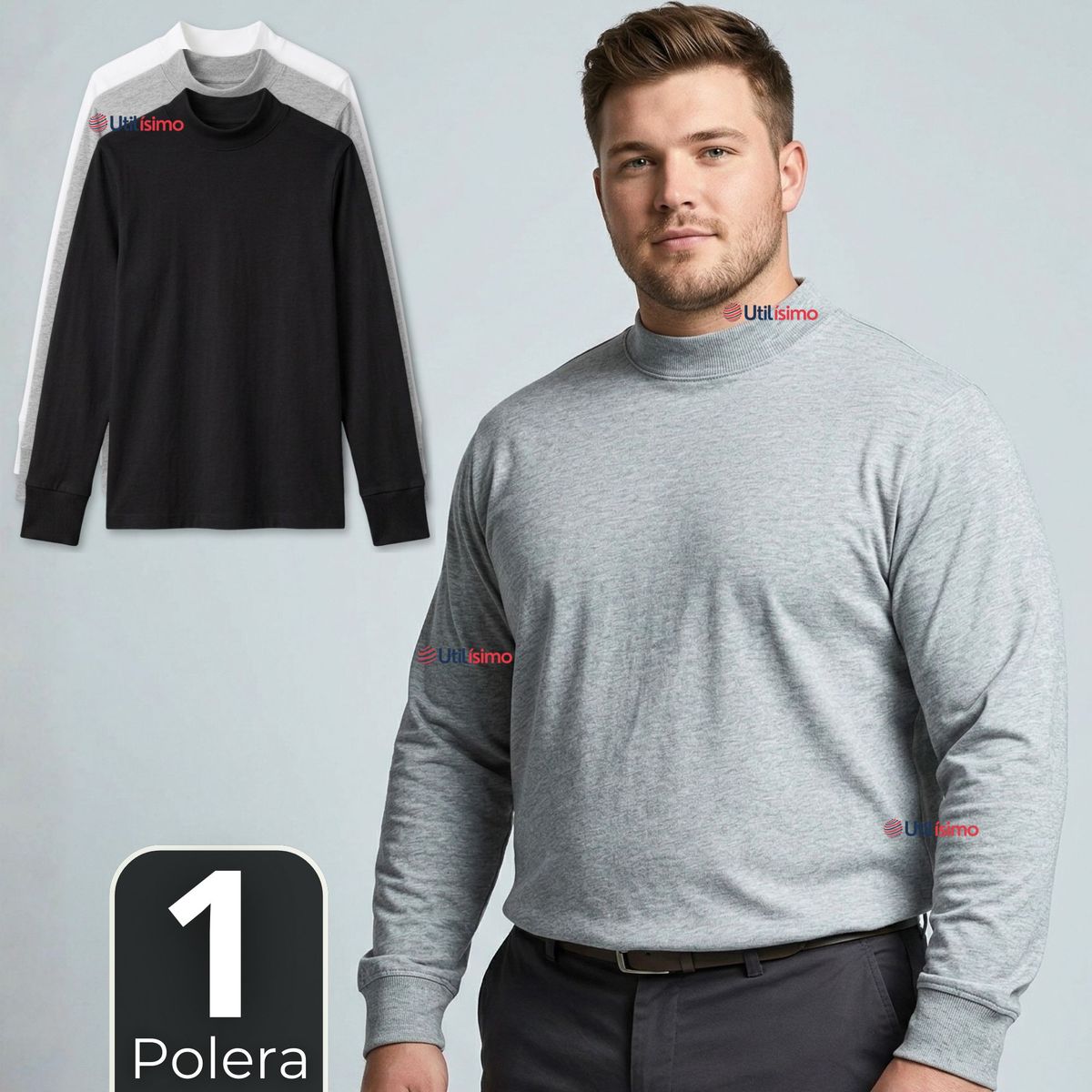 UTILISIMO - Camiseta Polera Algodón Primera Capa Cuello Beatle Manga Larga Colores Surtidos Hombre