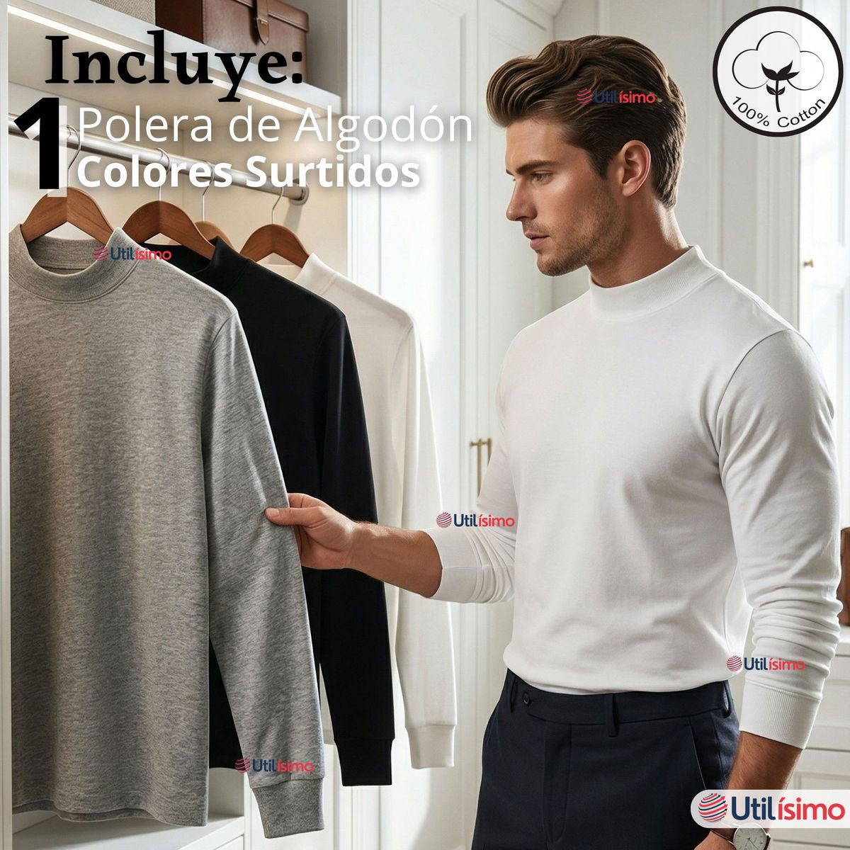 UTILISIMO - Camiseta Polera Algodón Primera Capa Cuello Beatle Manga Larga Colores Surtidos Hombre