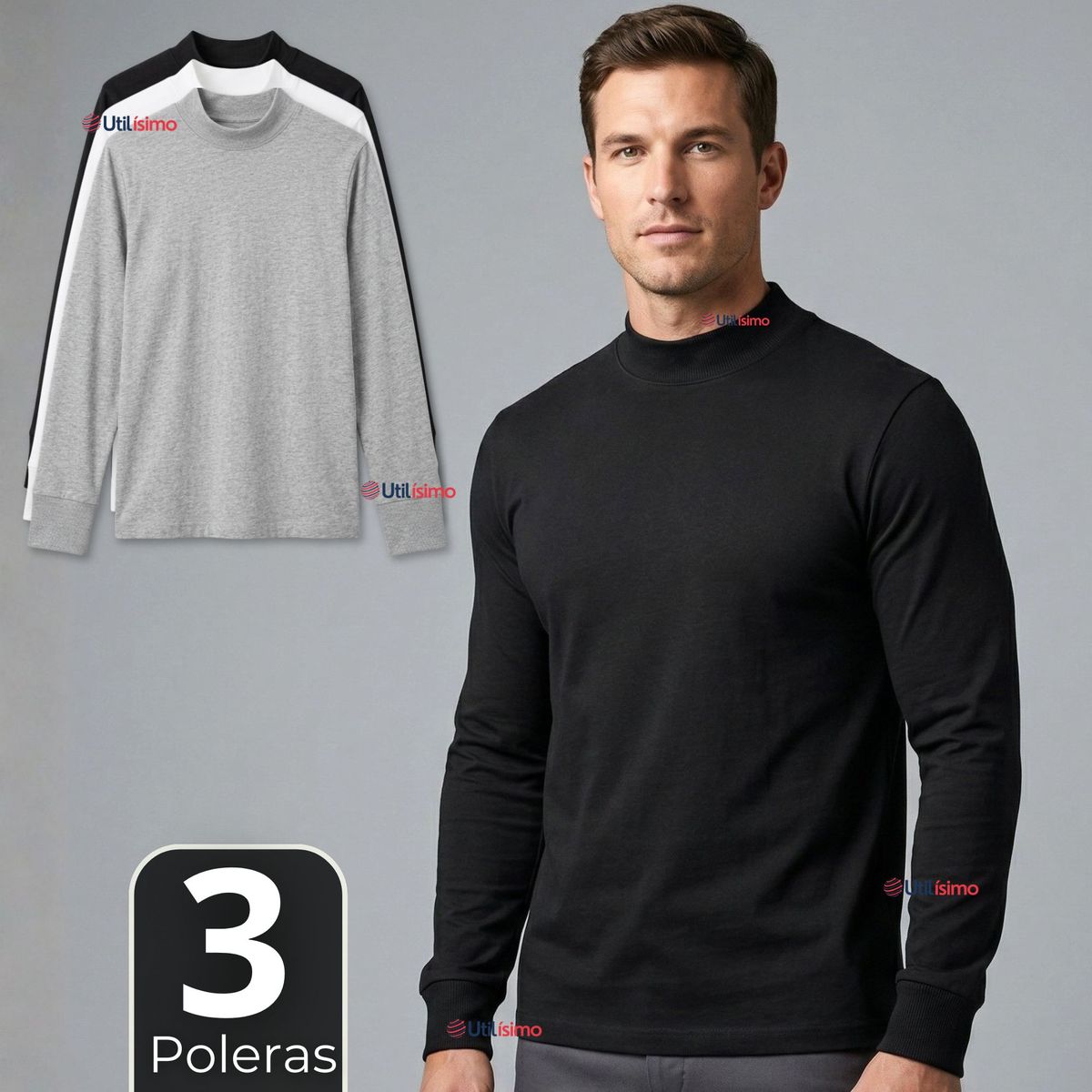 UTILISIMO - Pack 3 Camisetas Poleras Algodón Primera Capa Cuello Beatle Manga Larga Colores Surtidos Hombre