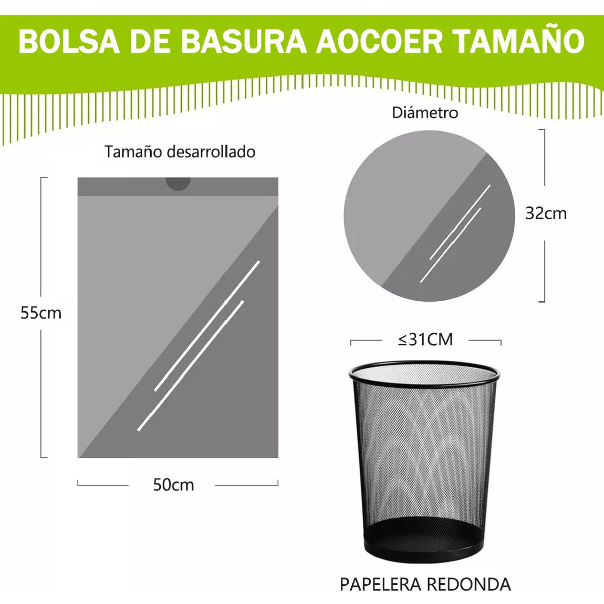 GENERICO - 100 Unid Bolsa De Basura Con Cordón Para Papelero 50x55cm