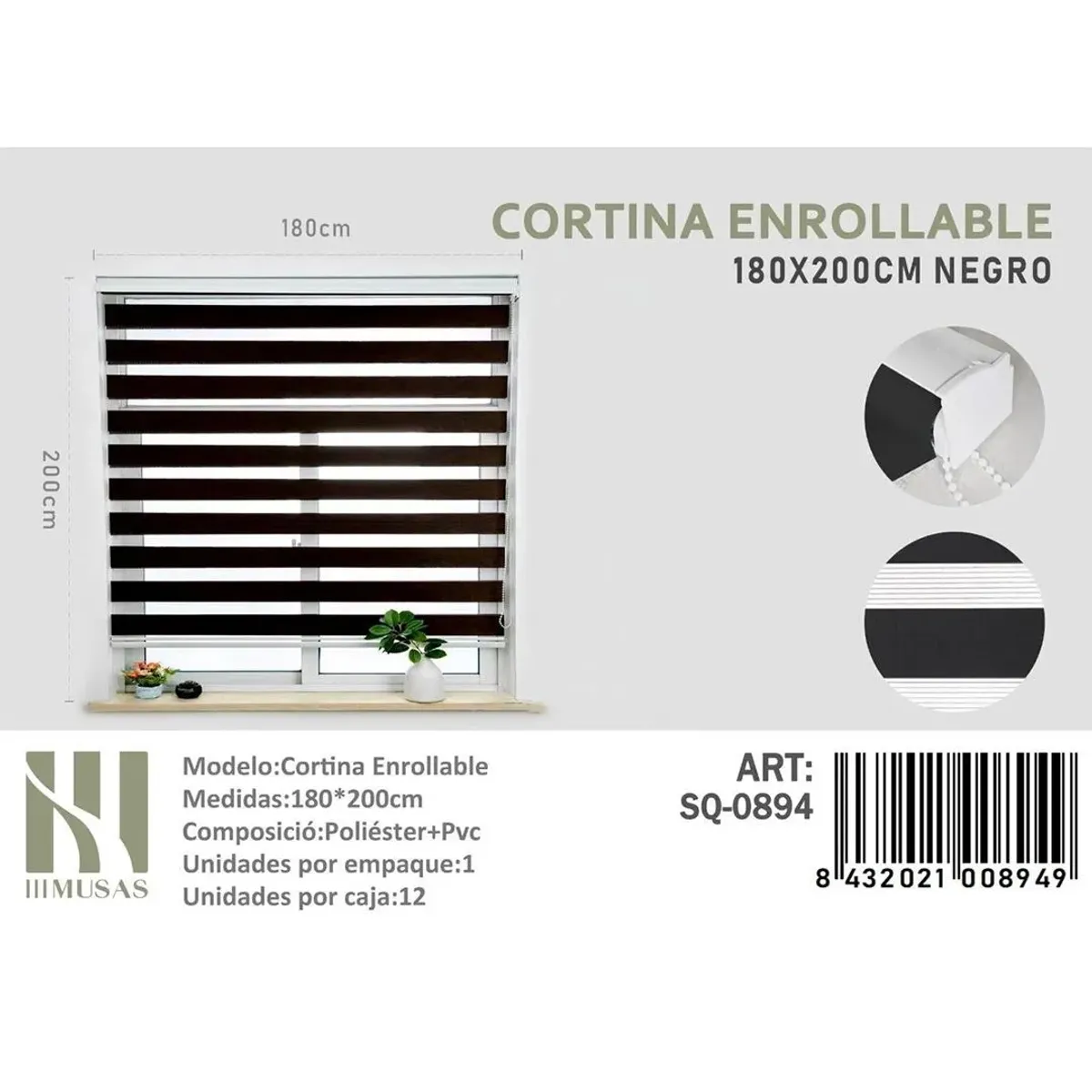 GENERICO - Cortina Roller Duo Lisa  180 x 200 color   negro