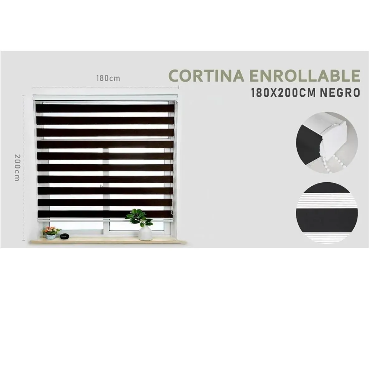 GENERICO - Cortina Roller Duo Lisa  180 x 200 color   negro