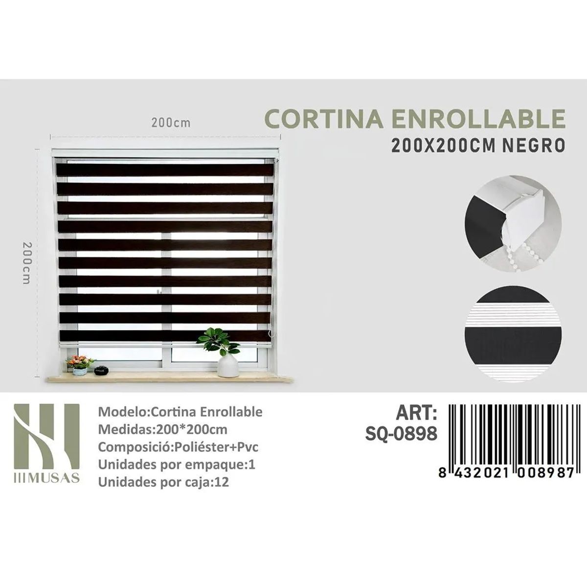 GENERICO - Cortina Roller Duo Lisa  200 x 200 color negro