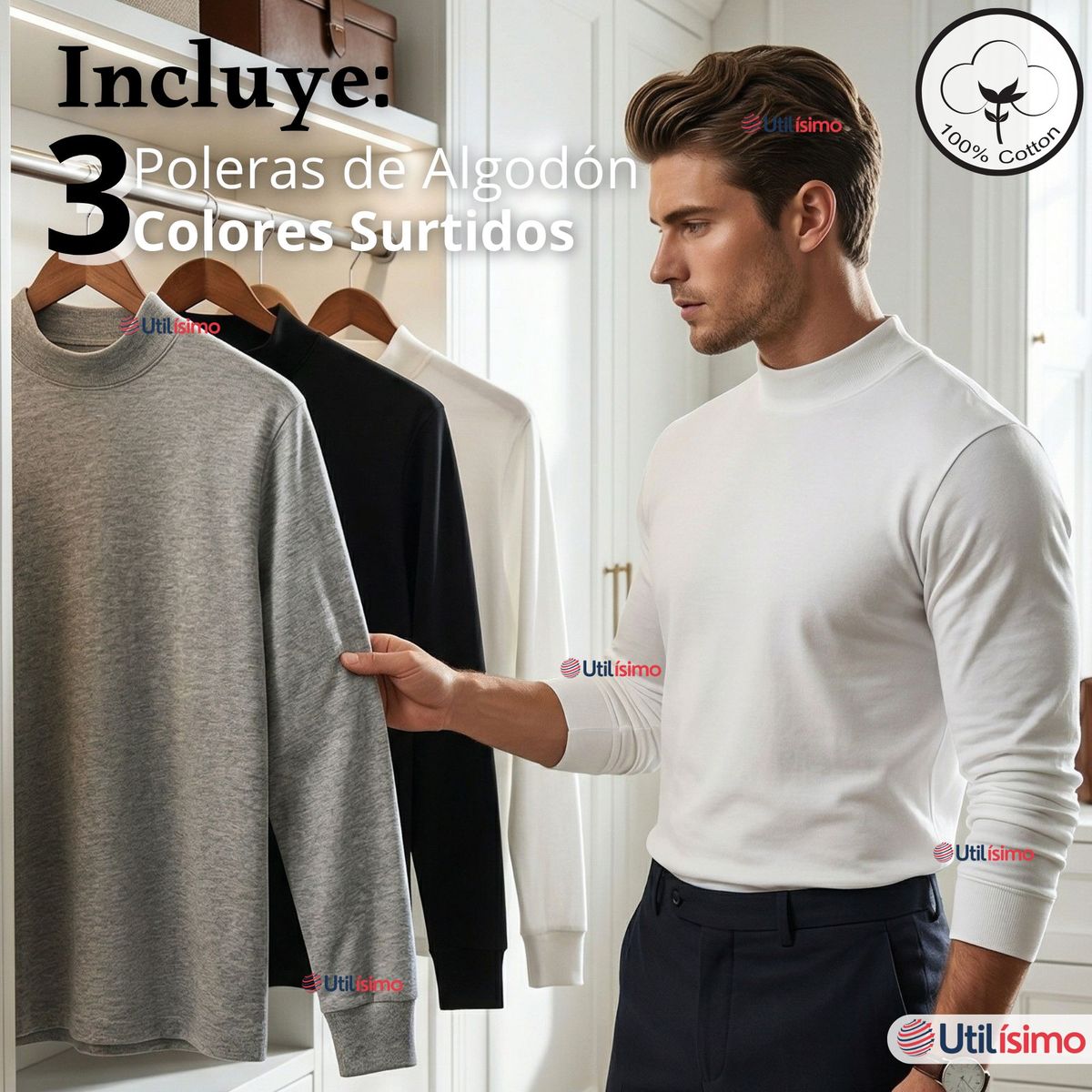 UTILISIMO - Pack 3 Camisetas Poleras Algodón Primera Capa Cuello Beatle Manga Larga Colores Surtidos Hombre