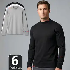 UTILISIMO - Pack 6 Camisetas Poleras Algodón Primera Capa Cuello Beatle Manga Larga Colores Surtidos Hombre