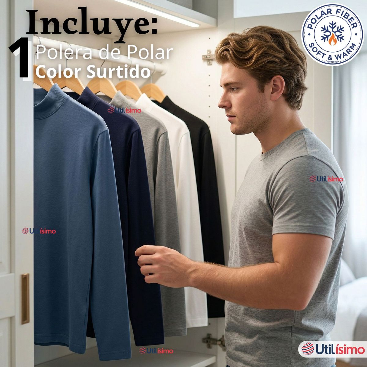 UTILISIMO - Camiseta Polera Polar Primera Capa Cuello Beatle Manga Larga Colores Surtidos Hombre