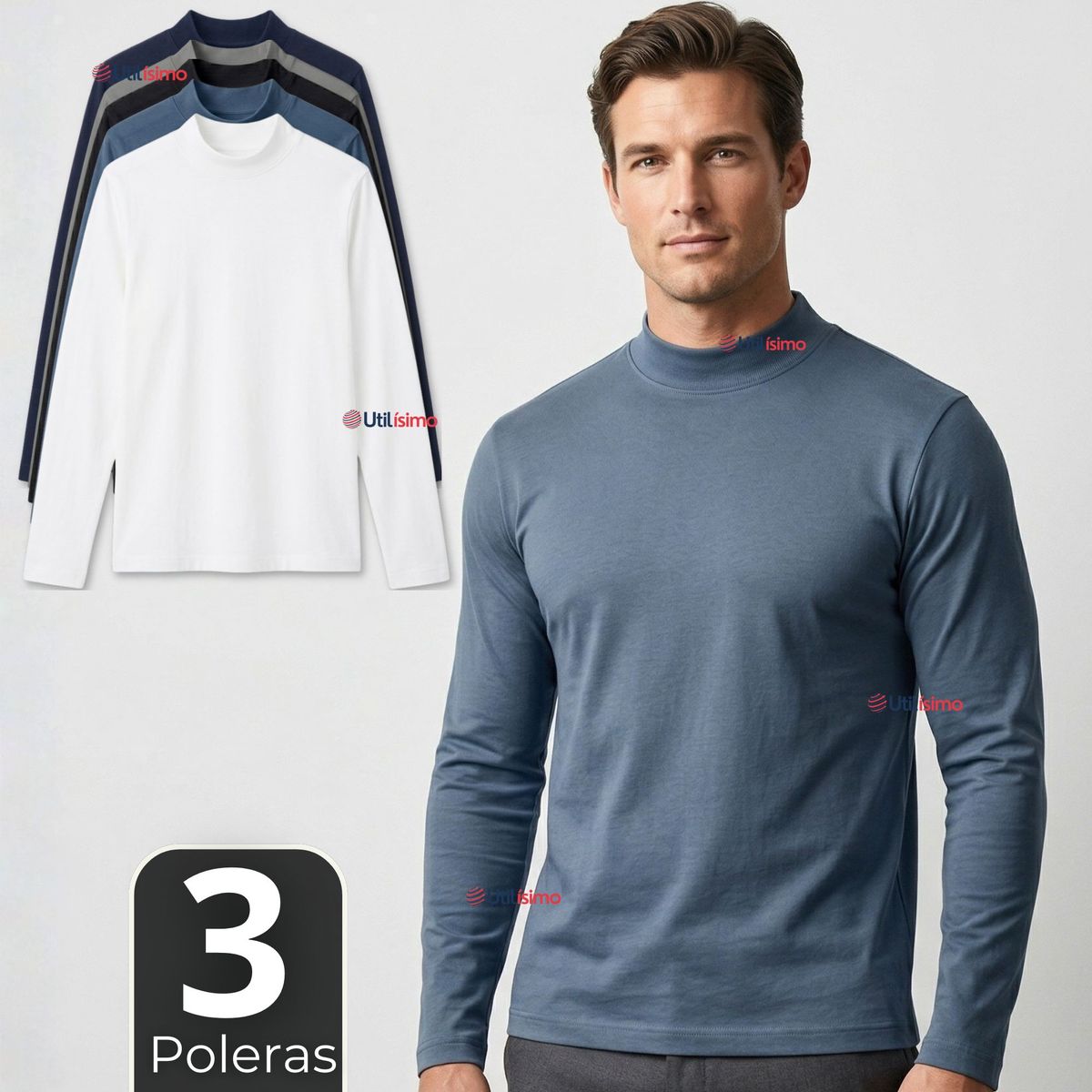 UTILISIMO - Pack 3 Camisetas Poleras Polar Primera Capa Cuello Beatle Manga Larga Colores Surtidos Hombre