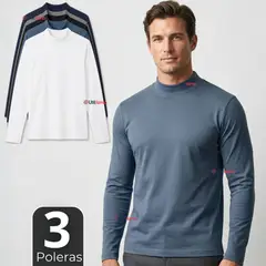 UTILISIMO - Pack 3 Camisetas Poleras Polar Primera Capa Cuello Beatle Manga Larga Colores Surtidos Hombre