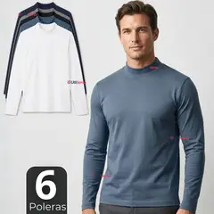 UTILISIMO - Pack 6 Camisetas Poleras Polar Primera Capa Cuello Beatle Manga Larga Colores Surtidos Hombre